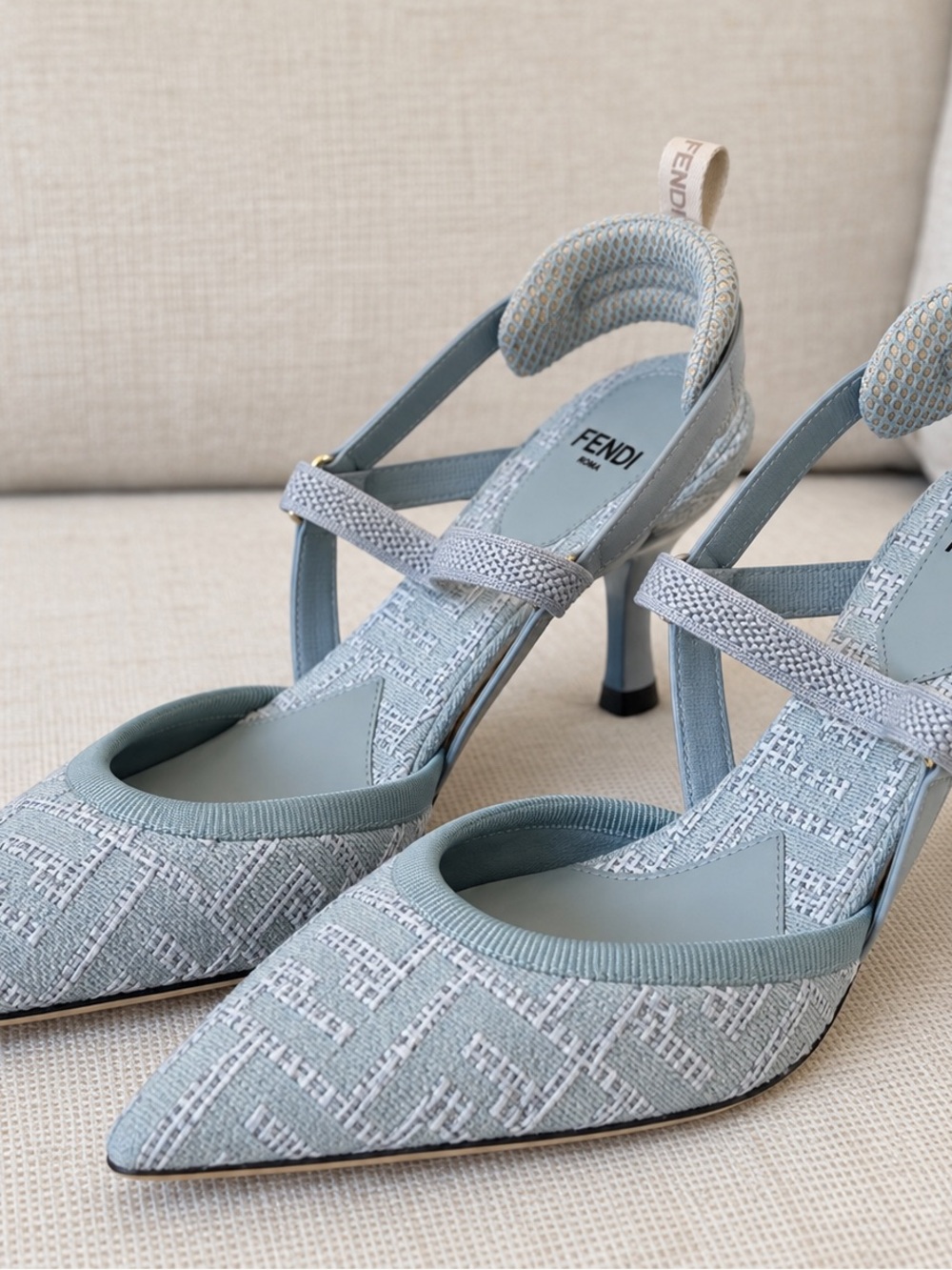 Fendi Pale Blue FF Jacquard Pointed Toe Slingback Heels